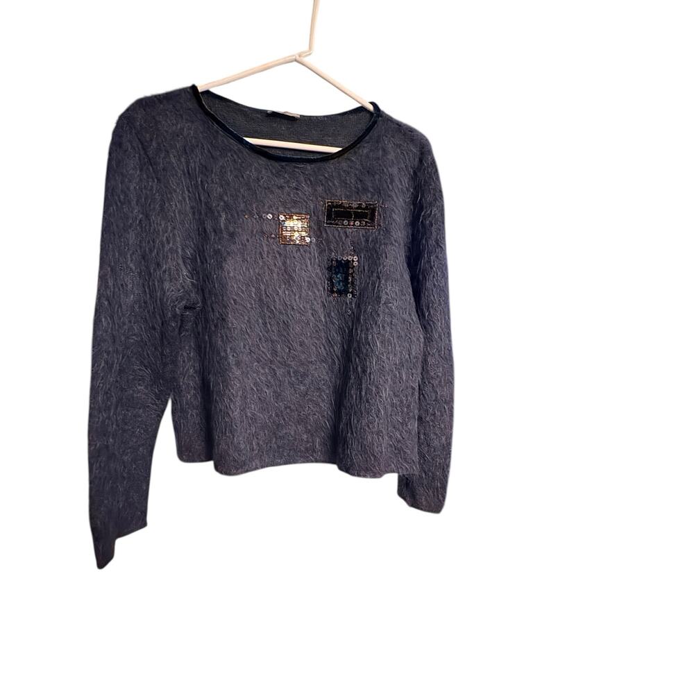 Cocolori Mohair Blue Gray Long Sleeve  Embellished Front Made in Italy Sweater